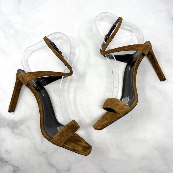 Saint Laurent Bea Bow Suede Square Toe Ankle Wrap Strap Sandal Heels Brown 37 - Picture 5 of 15